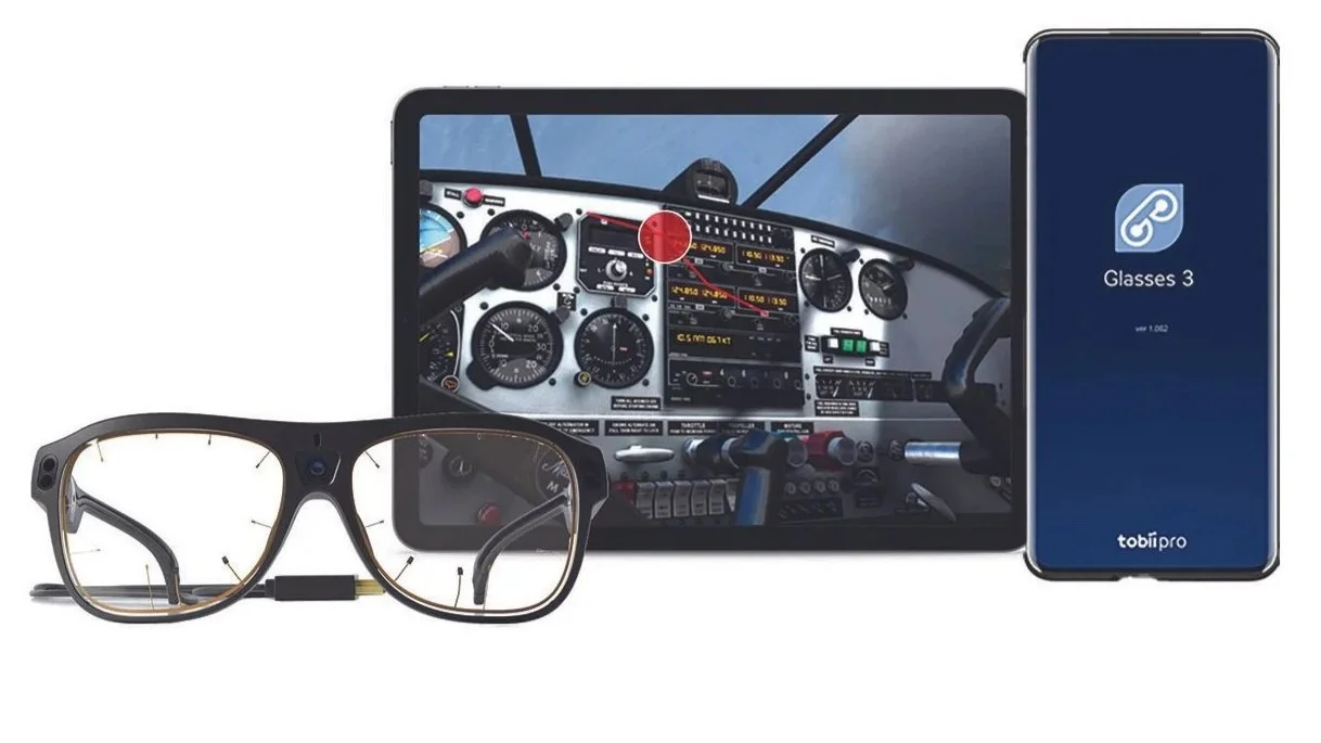 Tobii Pro Glasses 3 wearable eye tracker with Glasses 3 controller mobile app for recording and reviewing real-world eye tracking studies