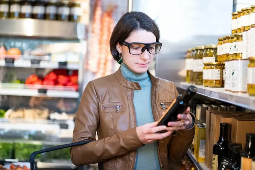 Participant using Tobii Pro Glasses 3 wearable eye tracker during consumer behavior research in a retail store