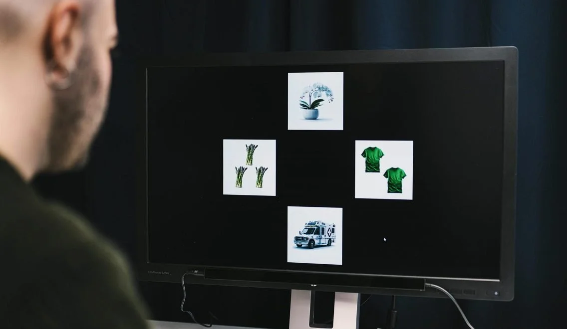 Participant using the Tobii Pro Fusion eye tracker for visual cognition, object recognition, and eye movement research