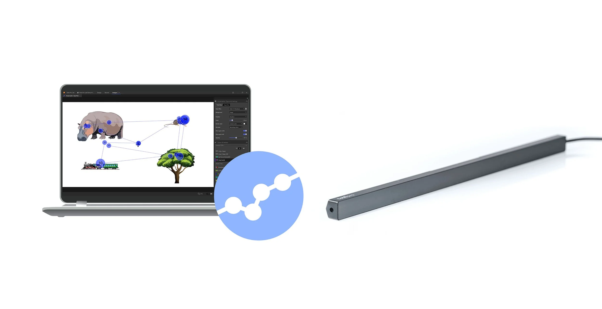 Tobii Pro Fusion eye tracker integrated with Tobii Pro Lab software for real-time gaze data collection and eye tracking analysis