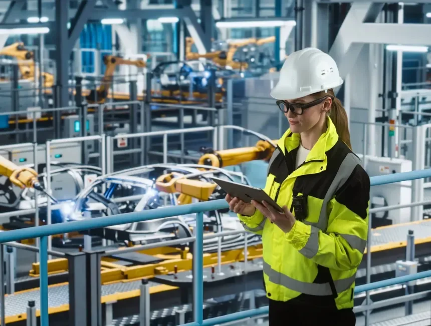 Engineer wearing Tobii Glasses X wearable eye tracker for industrial human factors, manufacturing, and workflow research