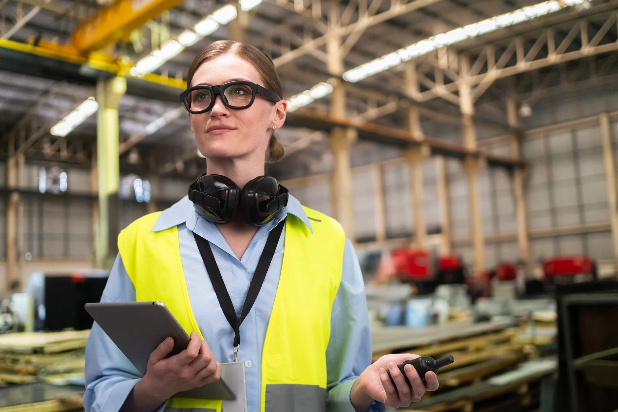 Engineer wearing Tobii Glasses X wearable eye tracker for manufacturing, industrial ergonomics, and human factors research