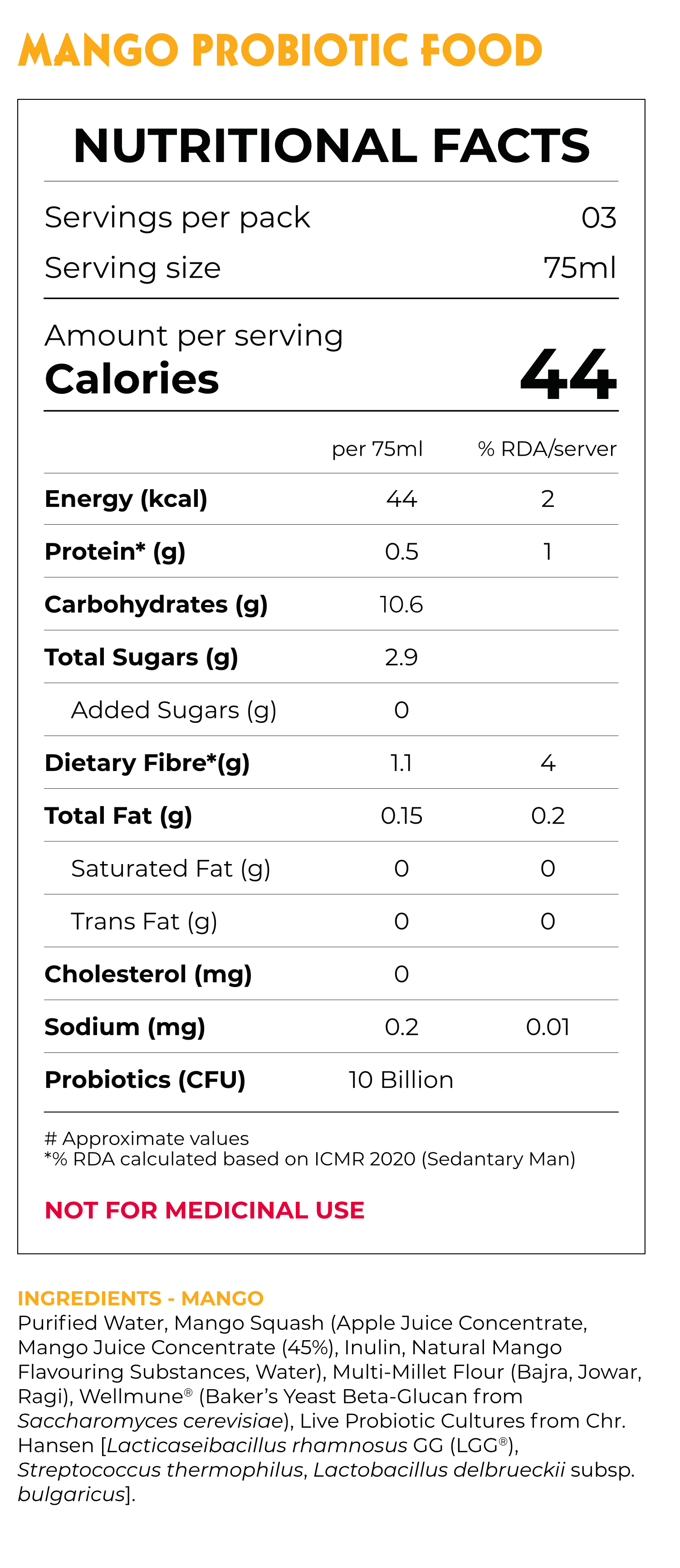 Nutritional facts label for mango probiotic food