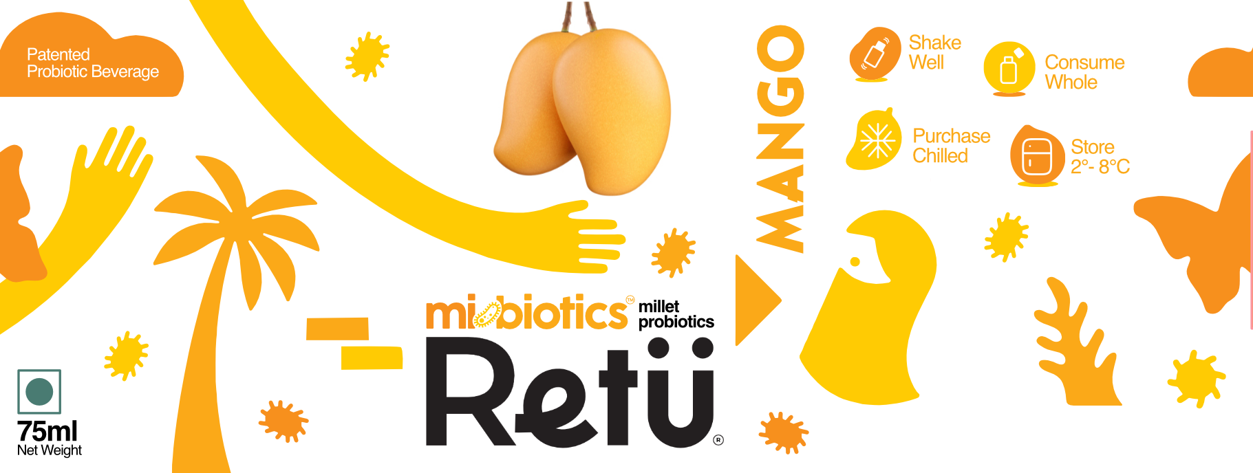 Packaging label for Reti, a probiotic beverage, featuring tropical-themed illustrations in orange and yellow, with a mango icon, usage instructions, and storage information.