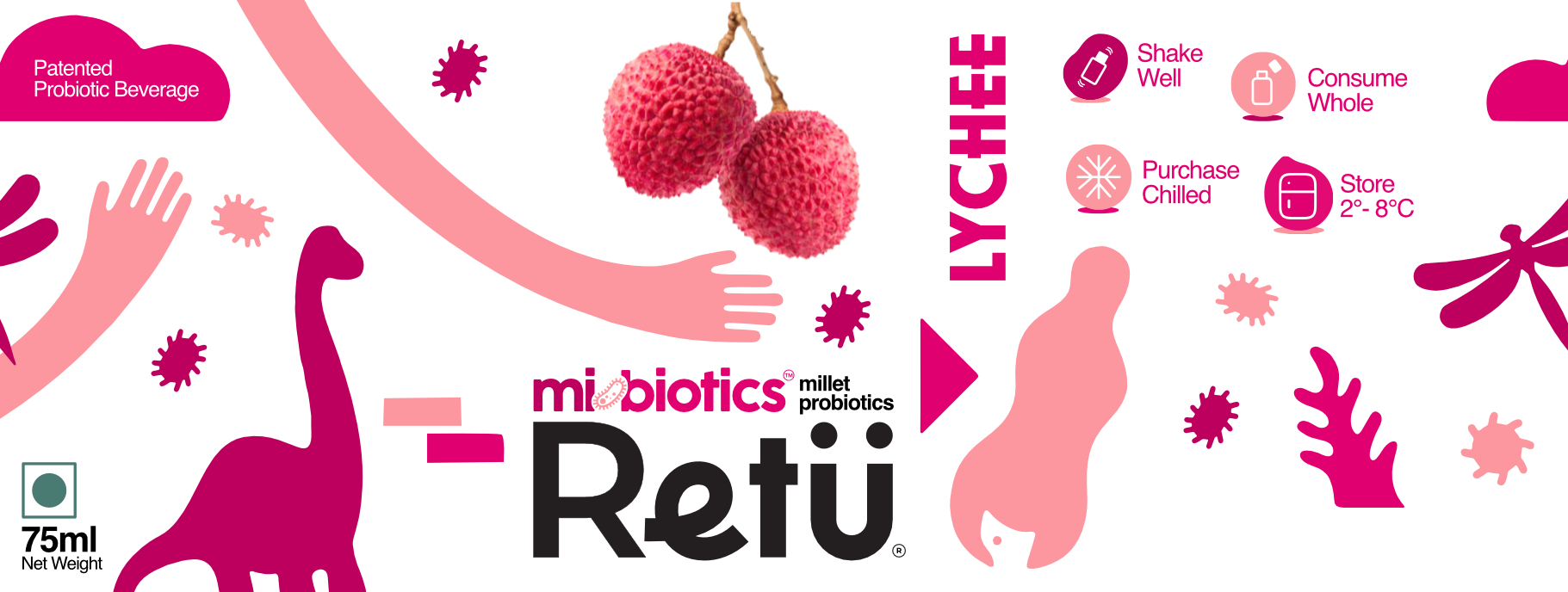 Label for a probiotic beverage with lychee flavor, showing lychee fruit, instructions to shake well, consume whole, purchase chilled, store at 2-8°C, and net weight of 75ml.