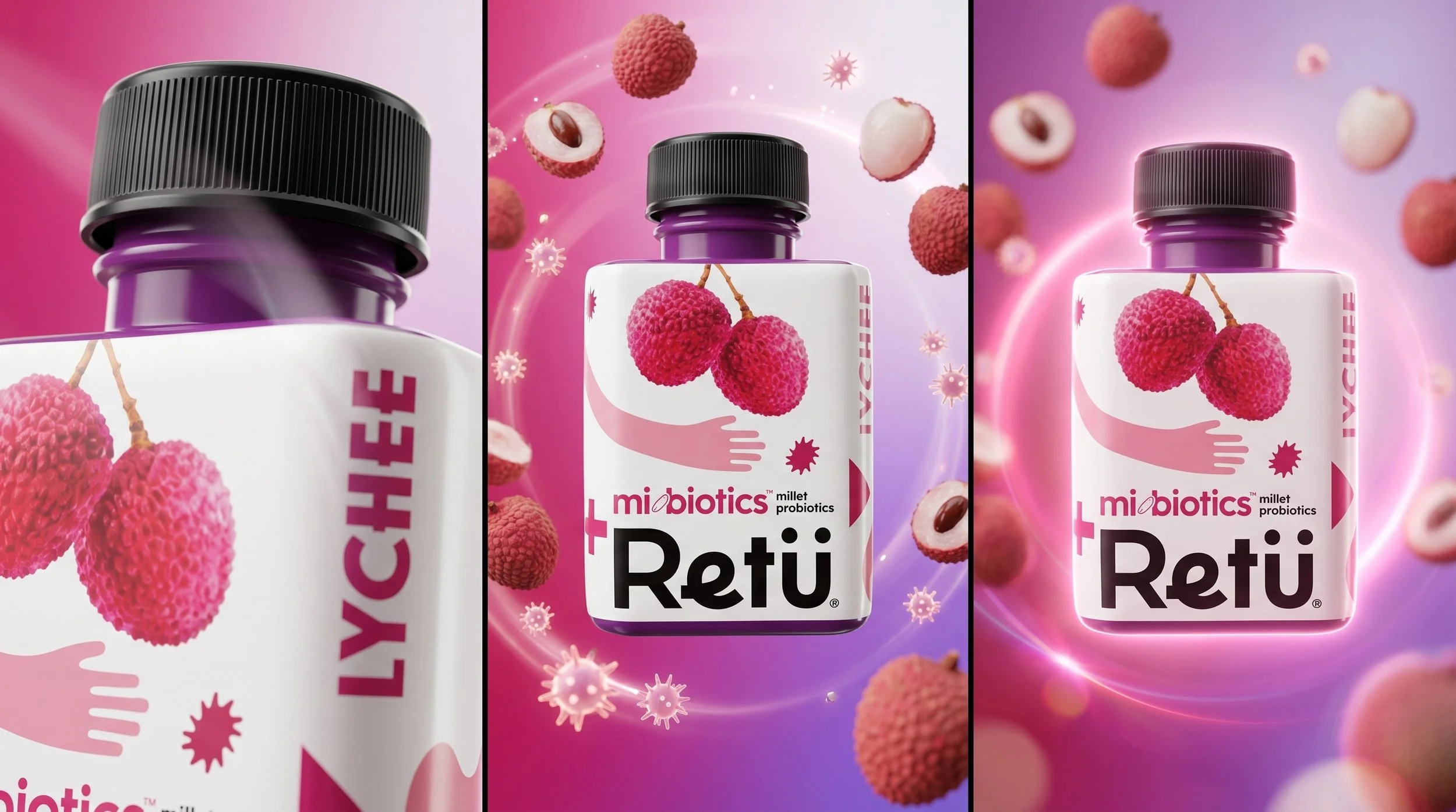 Three panels showing a bottle of a probiotic supplement labeled "L. miotics millet probiotics Reti," with the middle panel featuring floating lychee fruit and virus-like particles in the background.