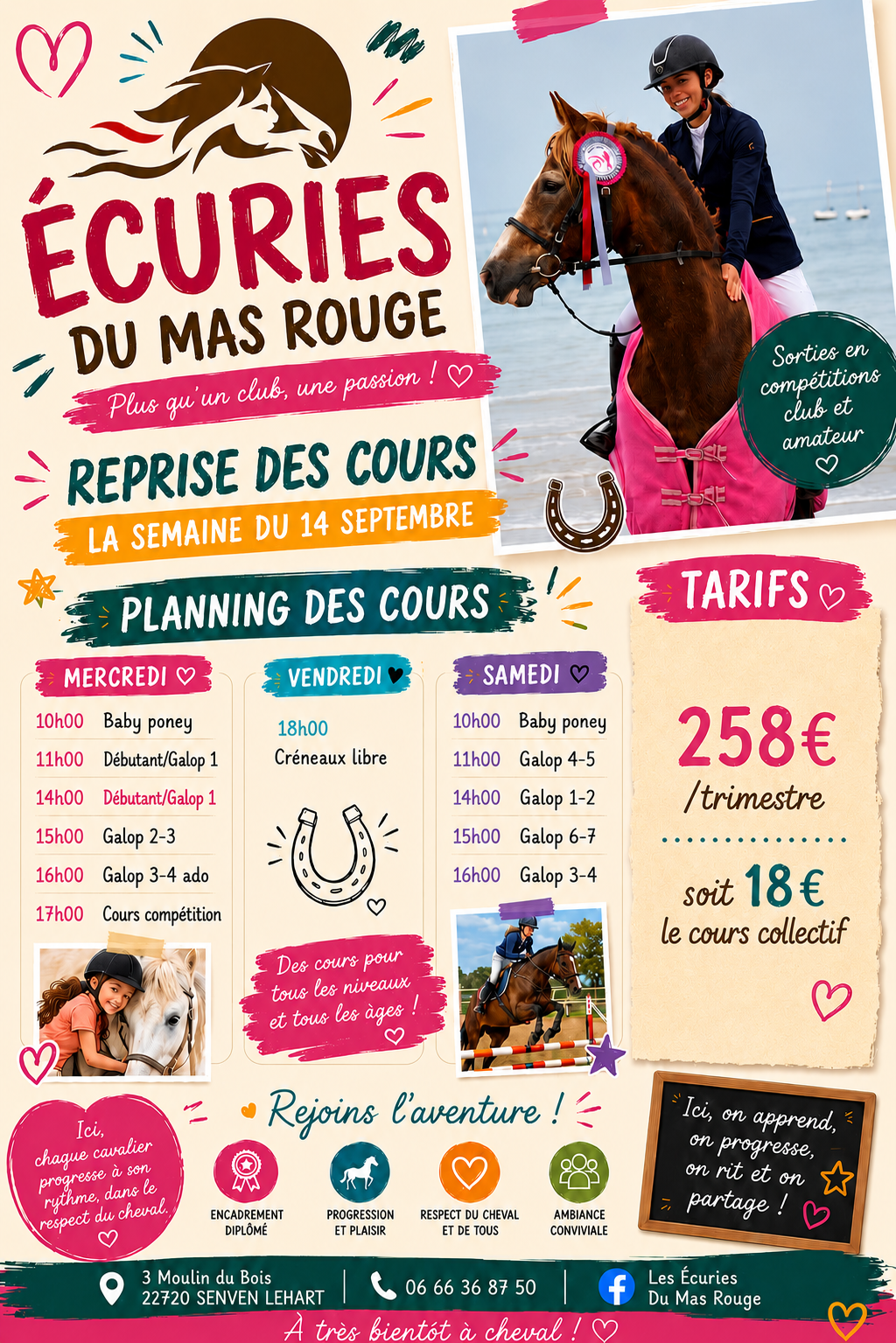 Affiche promotionnelle pour les Écuries du Mas Rouge, organisant des cours d'équitation en septembre, avec un calendrier hebdomadaire pour différents niveaux, tarif de 258 euros par trimestre ou 18 euros par cours collectif, et une photo d'une cavalière sur un cheval près de la mer.
