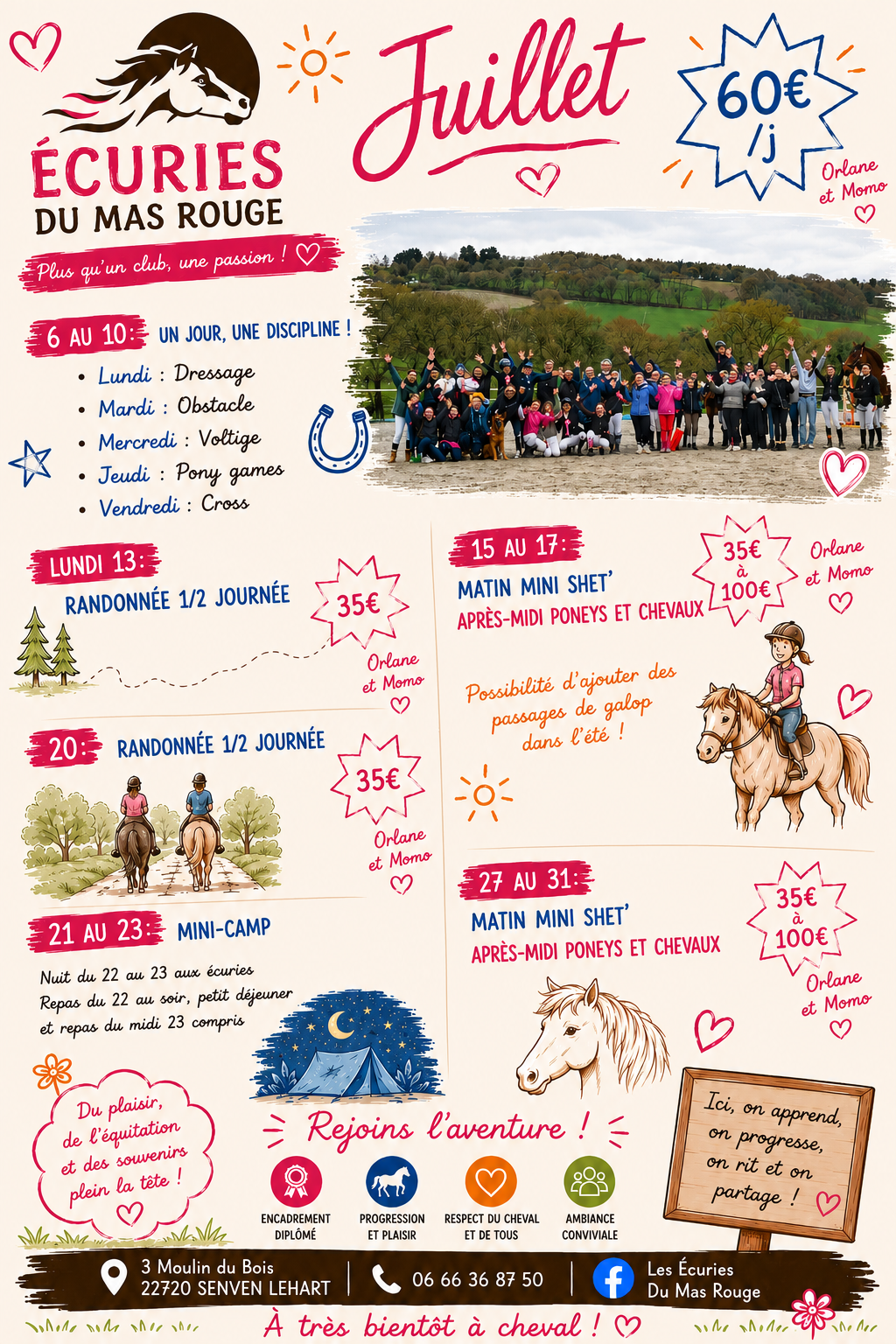 Affiche promotionnelle pour un camp d'équitation en juillet, avec une photo de groupe en extérieur, illustrations de chevaux, chevaux, tentes, et éléments colorés, détaillant le programme, dates, prix, et contact.