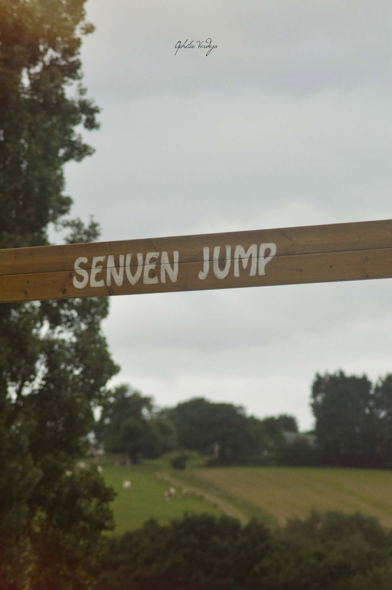 Une image floue d'un paysage avec des arbres, un champ vert et un ciel nuageux. Un panneau en bois avec l'inscription 'SENVEN JUMP' est visible au premier plan.