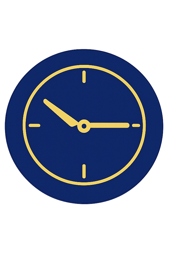 Blue round clock with yellow hands and markings, showing the time as approximately 10:15.