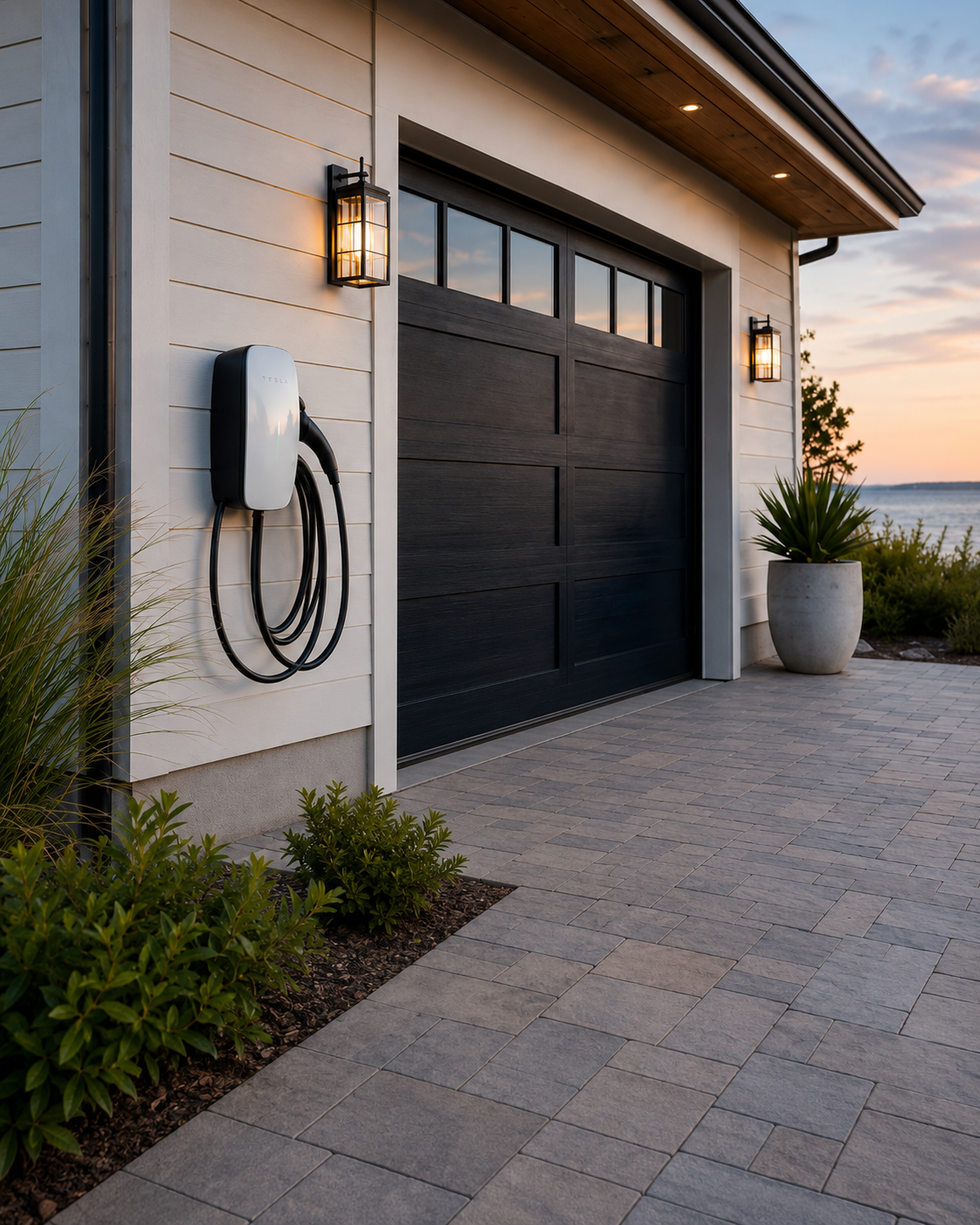 Modern garage with black door, solar power charging station on white siding, potted plant, and landscape lighting during sunset by water.