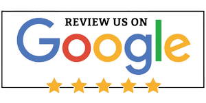 Google logo with five stars below and the text "Review us on" above.