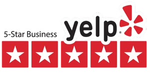 Yelp logo with a five-star rating underneath.