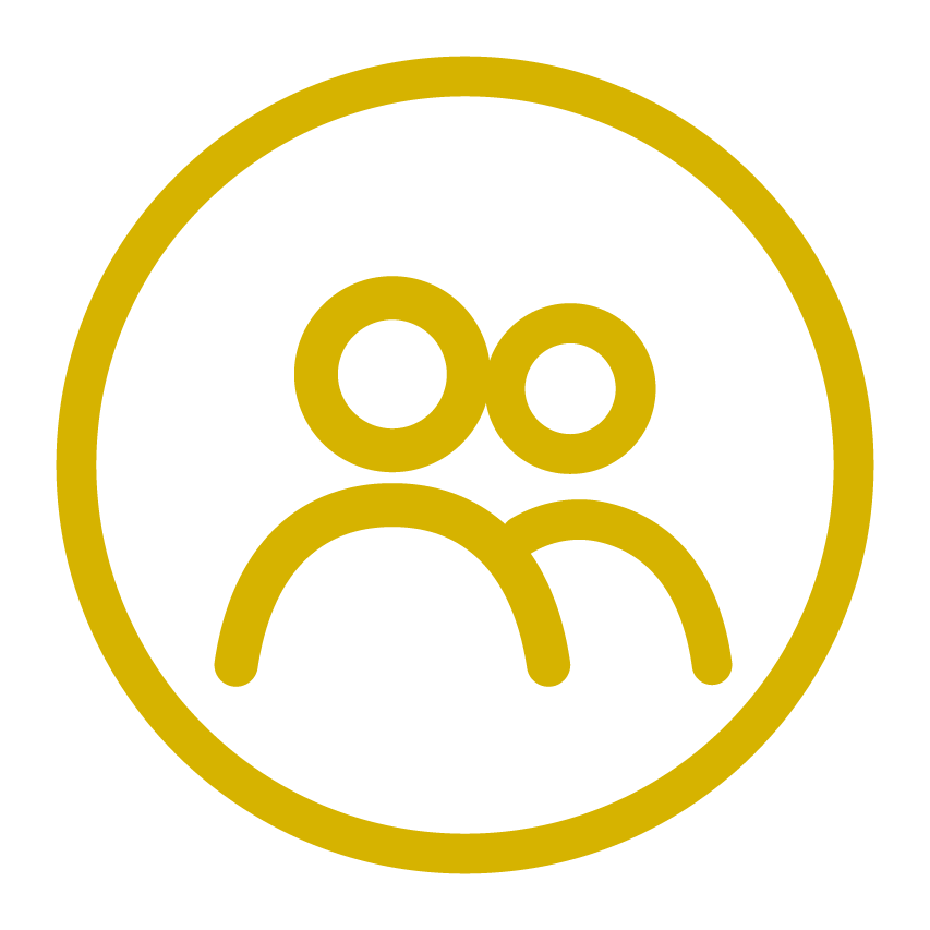 Gold icon of two abstract human figures inside a circle.