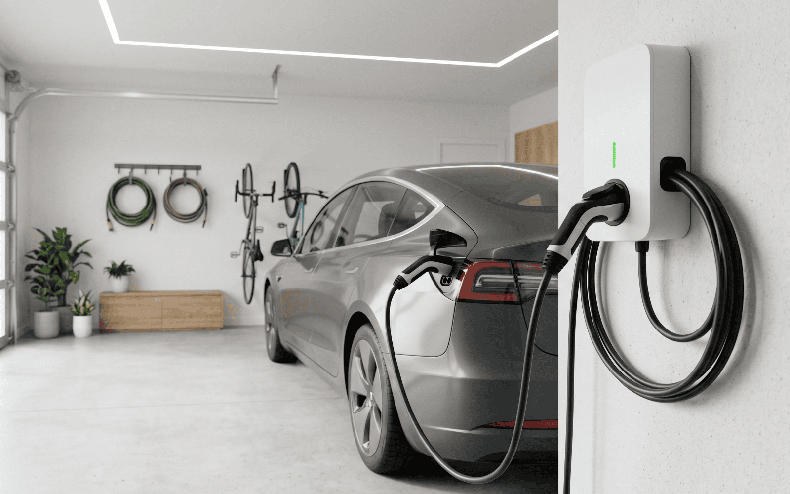 Electric car charging in a garage with bicycles and plants in the background.