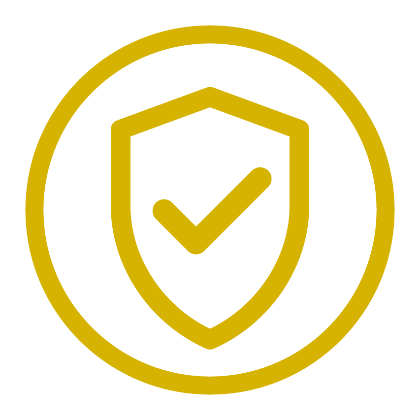 Gold shield with a checkmark inside, surrounded by a gold circle, representing security or protection.