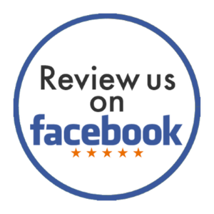 Circular badge with the text 'Review us on Facebook' and five stars underneath.