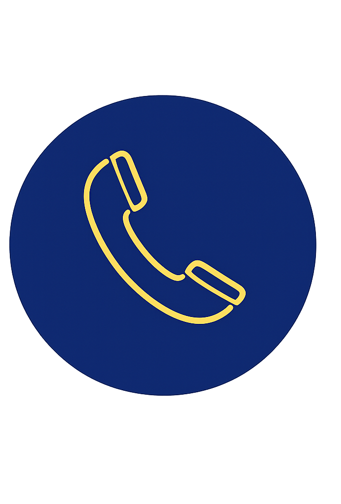 A blue circular icon with a yellow outline of a telephone handset, indicating a phone or call function.