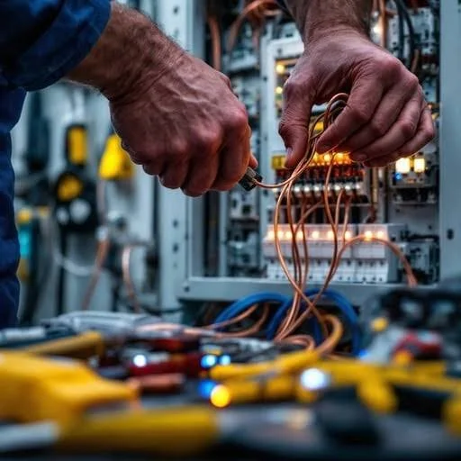 Close-up of two hands working with electrical wires and tools inside an electrical panel.