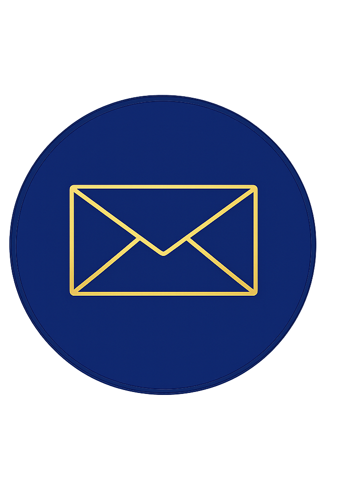 Blue circular icon with a gold outline of an envelope in the center.