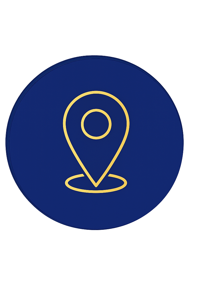 Icon of a location pin on a dark blue background.