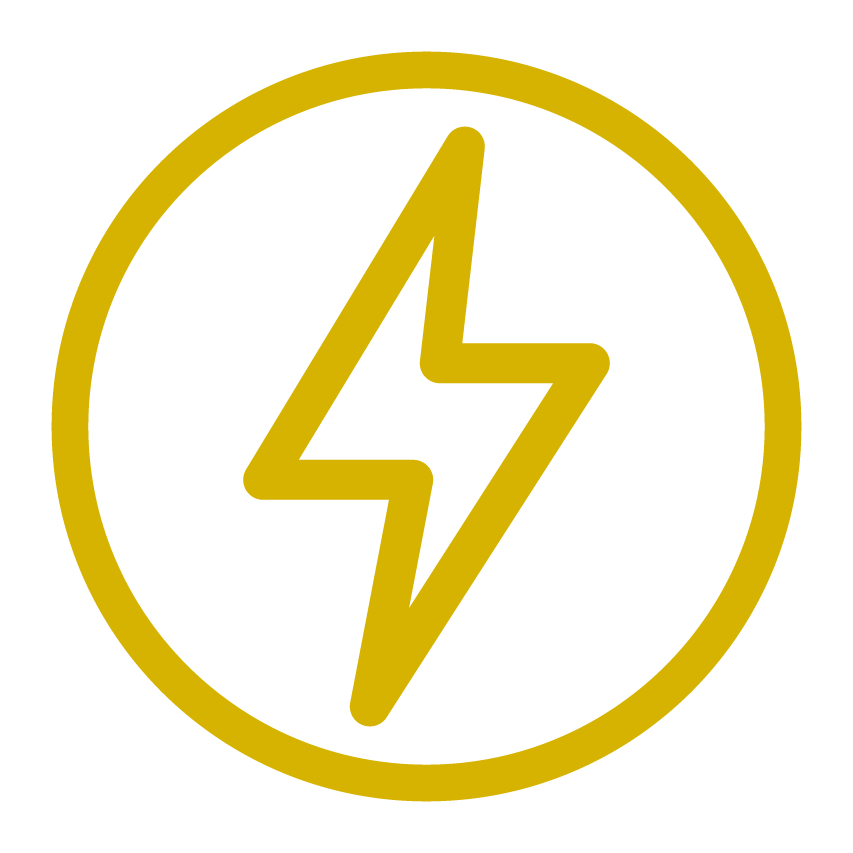 A yellow electrical hazard symbol consisting of a lightning bolt inside a circle on a black background.