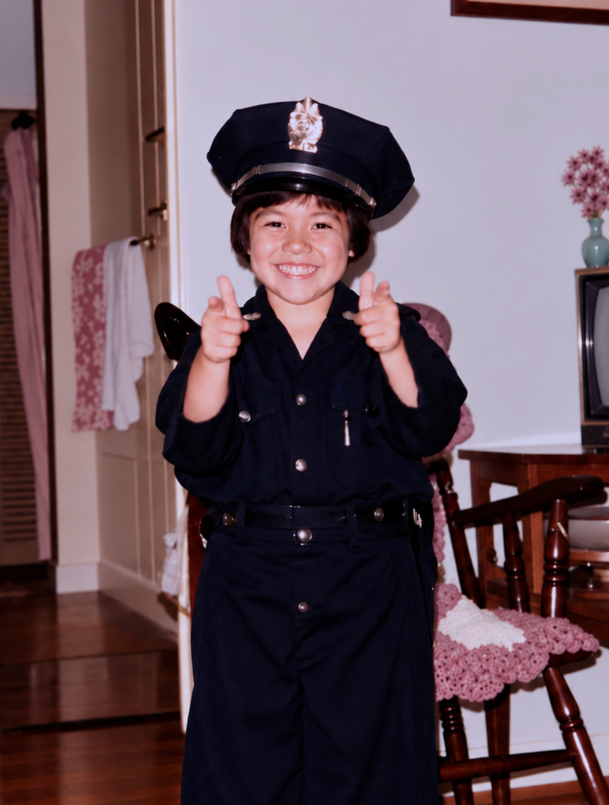 A young child dressed in a police officer costume, including a police hat and uniform, smiling and pointing with both fingers.