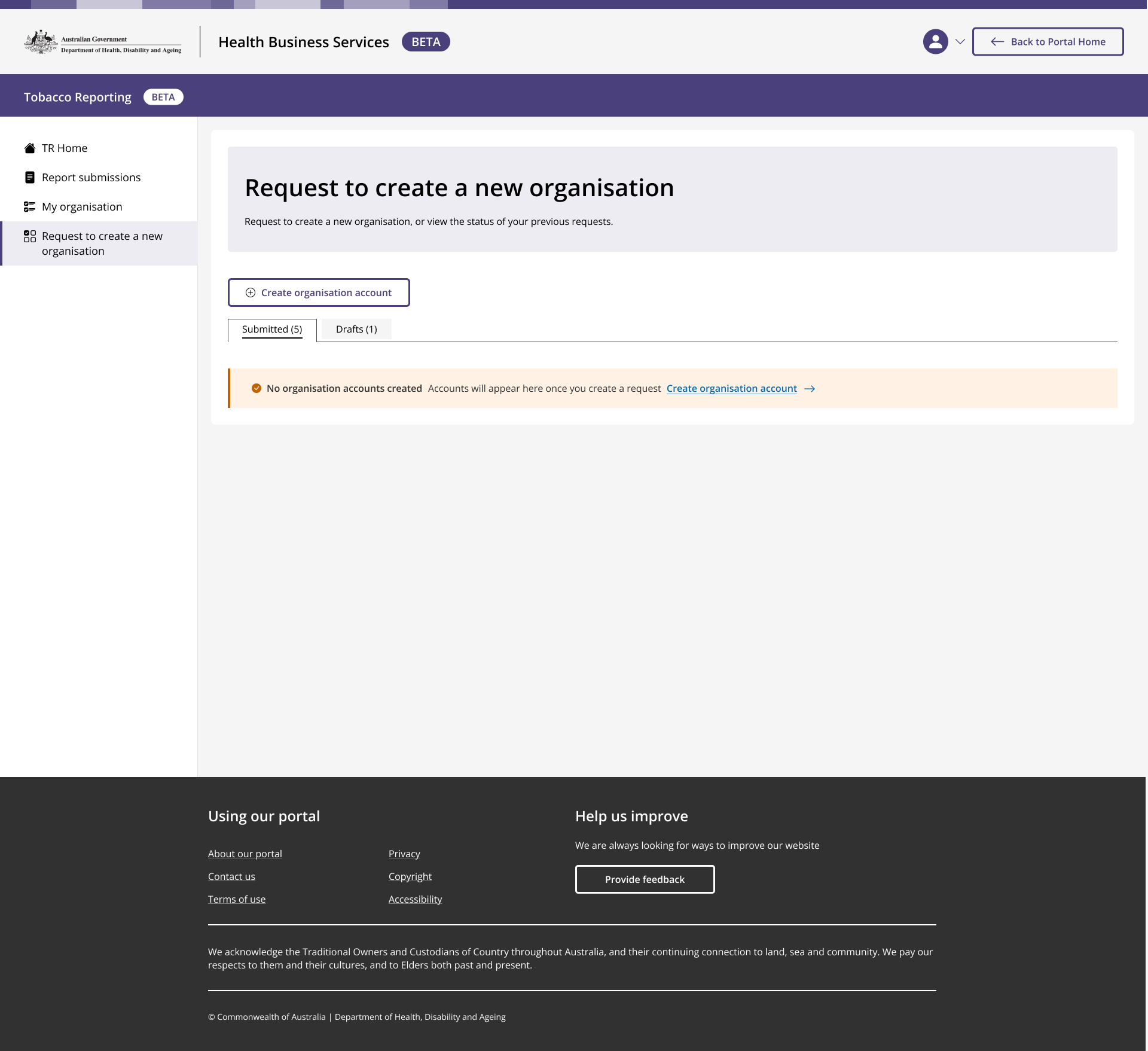 User clicks 'create organisation account', to begin a multi-step form