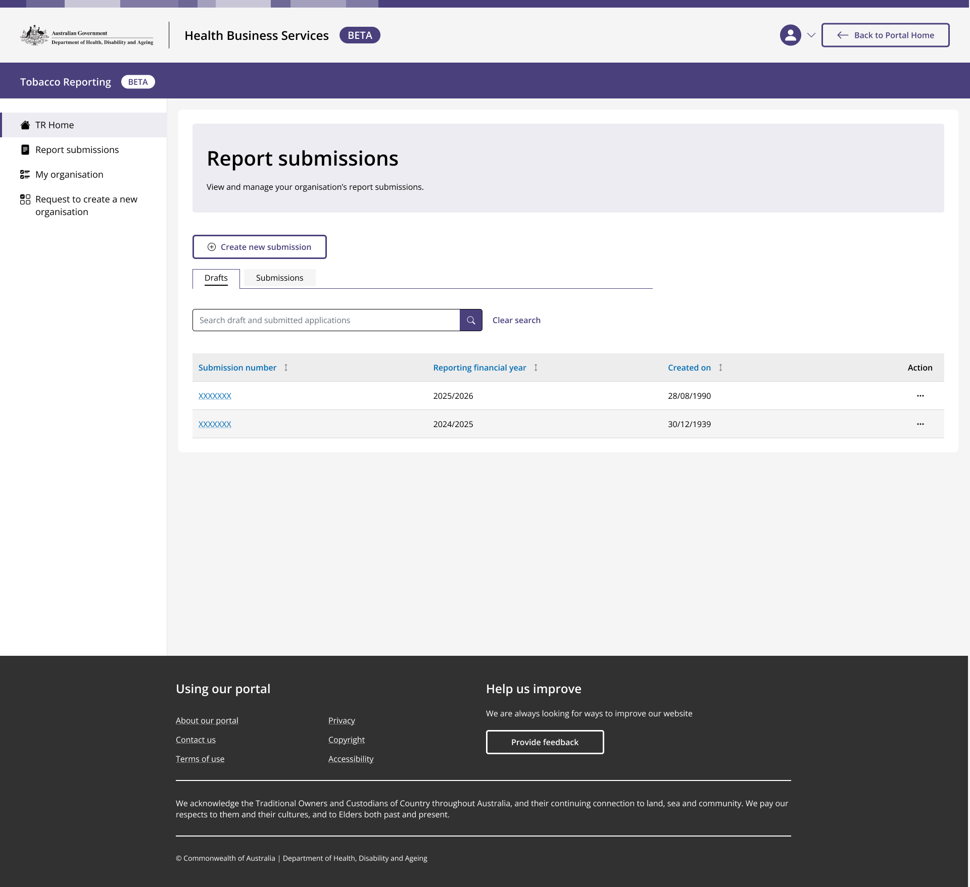 Record of all previous submissions and drafts, and option to create new