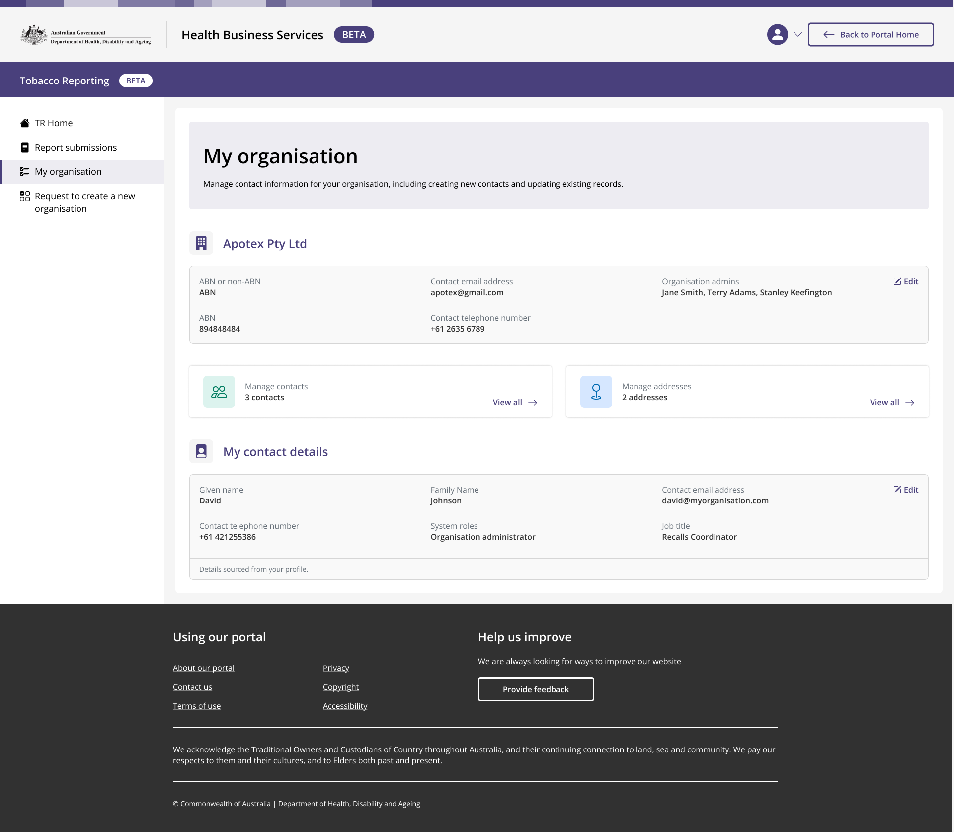User can manage contacts and addresses (editing only for administrators) and view their details