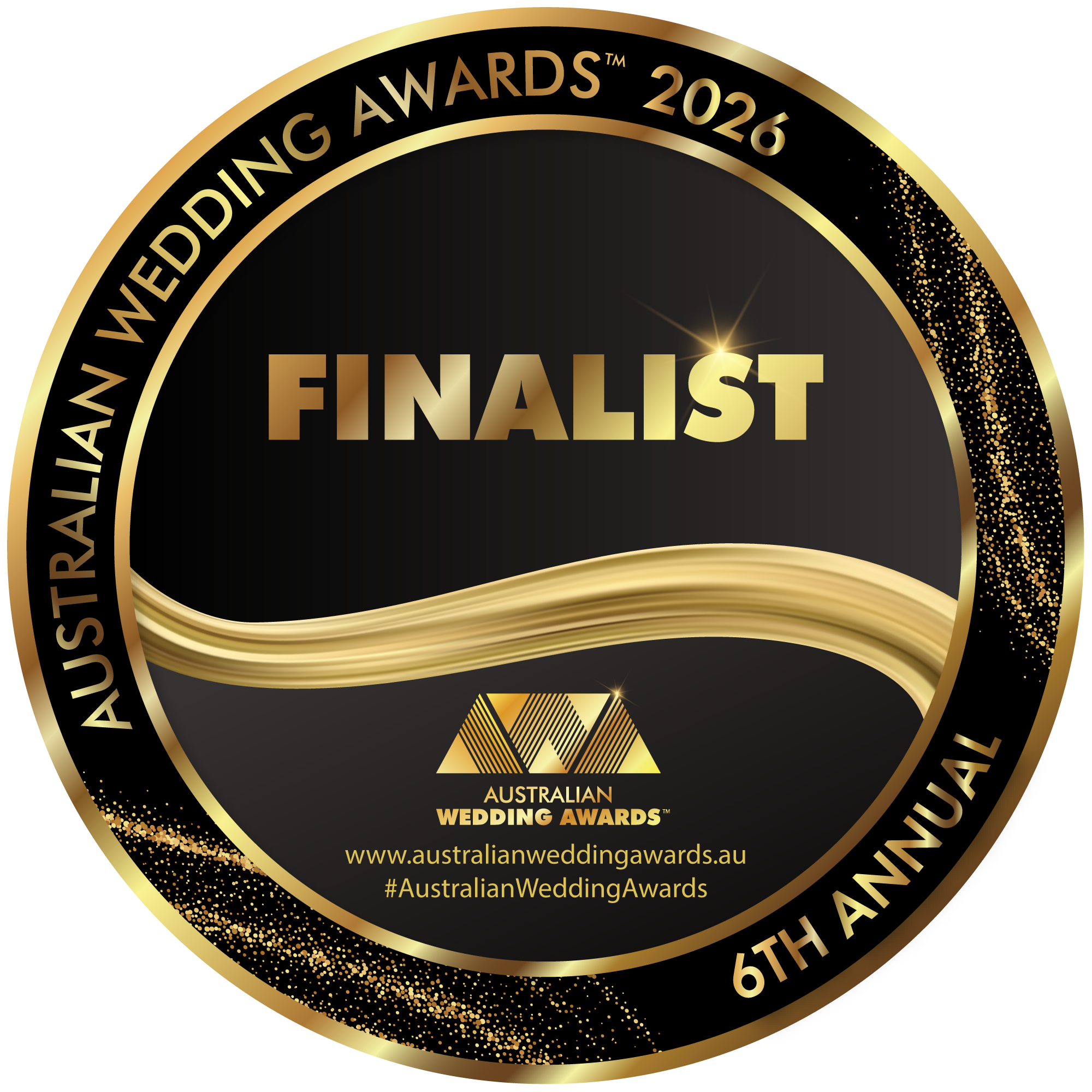 Gold and black circular badge with the words "Finalist" in the center, surrounded by text indicating the Australian Wedding Awards 2026.