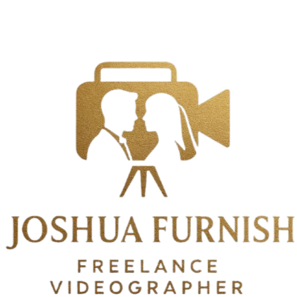 Gold logo with a camera icon featuring a silhouette of a man and woman facing each other, text reads 'Joshua Furnish Freelance Videographer'.