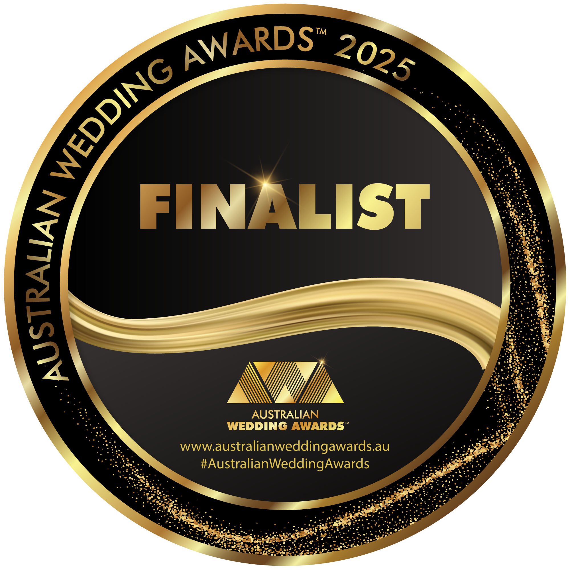 Gold and black circular logo for the 2025 Australian Wedding Awards with the word 'Finalist' prominently in the center, surrounded by details about the awards and website URL.