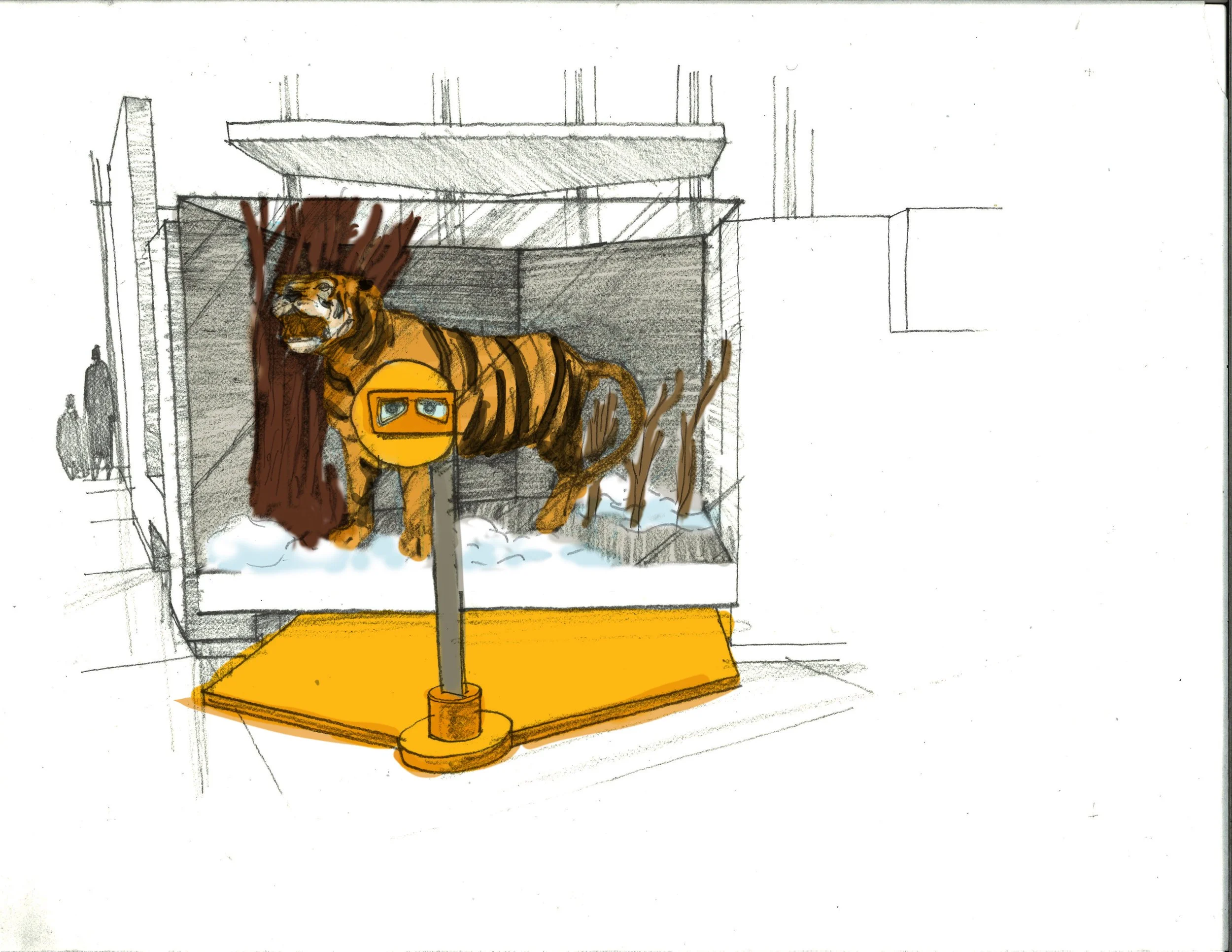 An artist sketch of the tiger display and interactive viewer in the Color Conceals area.