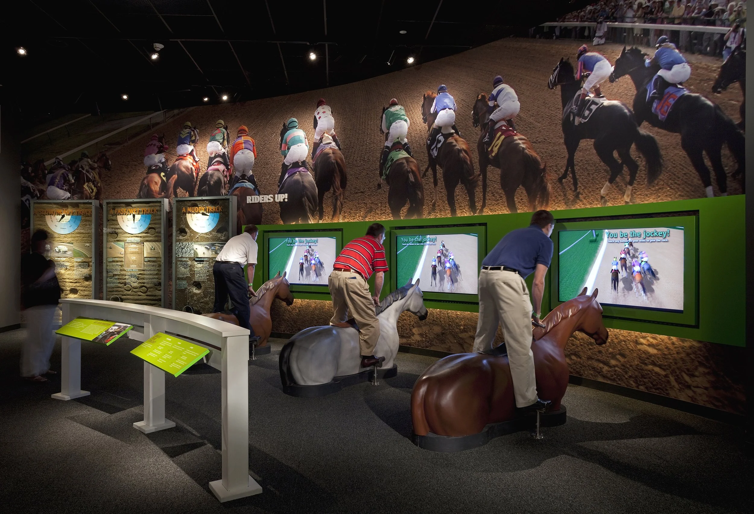 Interactive experiences like Riders Up put visitors literally in the saddle and challenge them to maintain a jockey's stance during a race.
