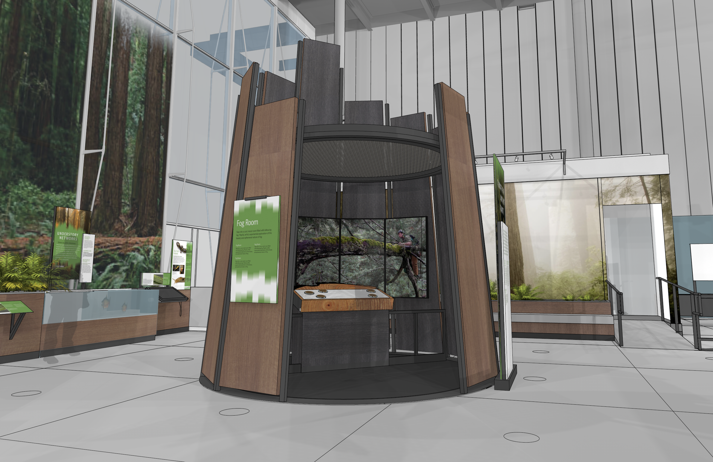 A  model view for study and review: abstract forms, murals, and models were combined with living redwood trees and plantings.