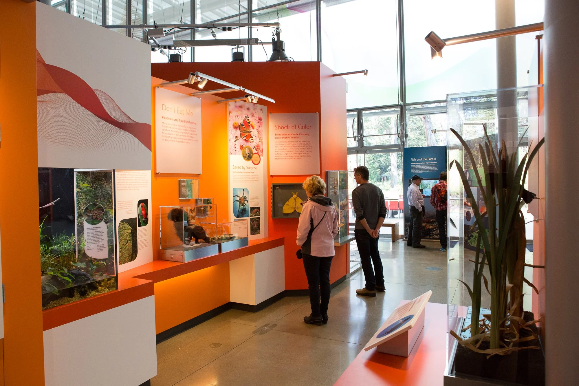 Each main exhibit area includes live plants and animals, specimen, models, and interactive experiences.