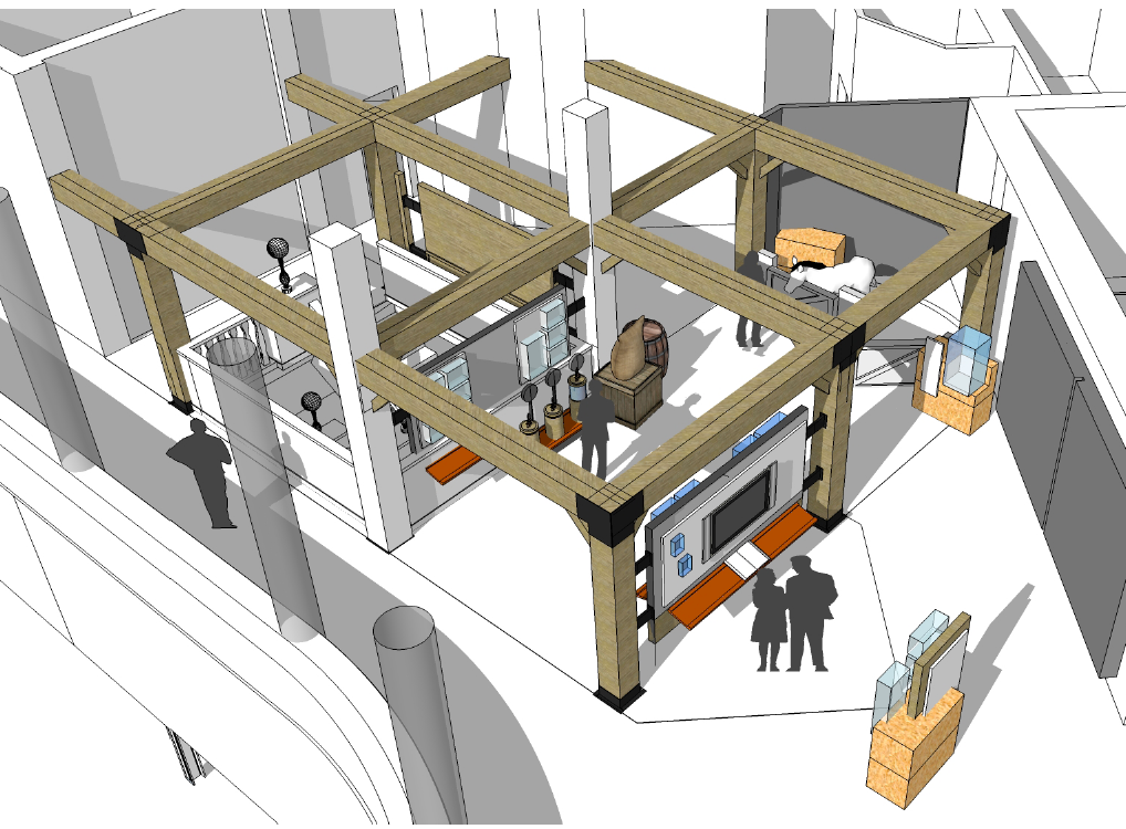 Concept model view depicting materials and structures inspired by horse farms and the Backside at Churchill Downs.