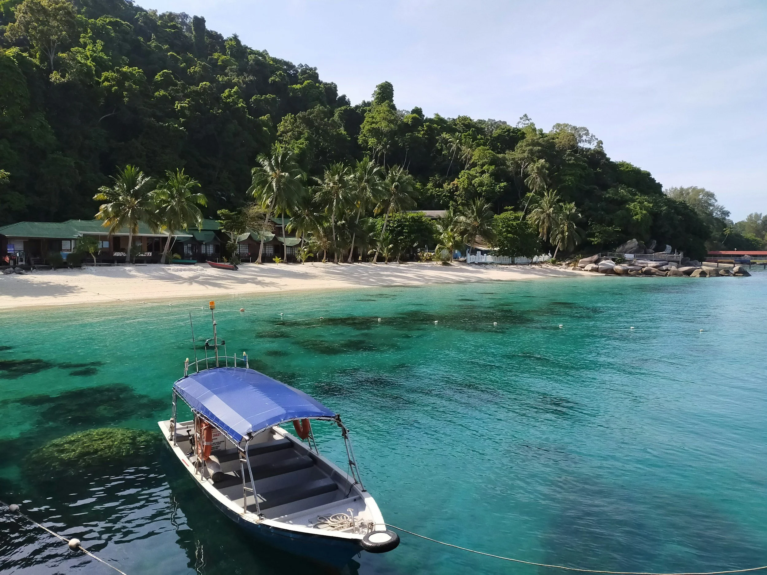 A small boat with a blue canopy floating in turquoise water near a tropical beach. The beach has white sand and is lined with palm trees. In the background, there are houses on a lush green hillside.