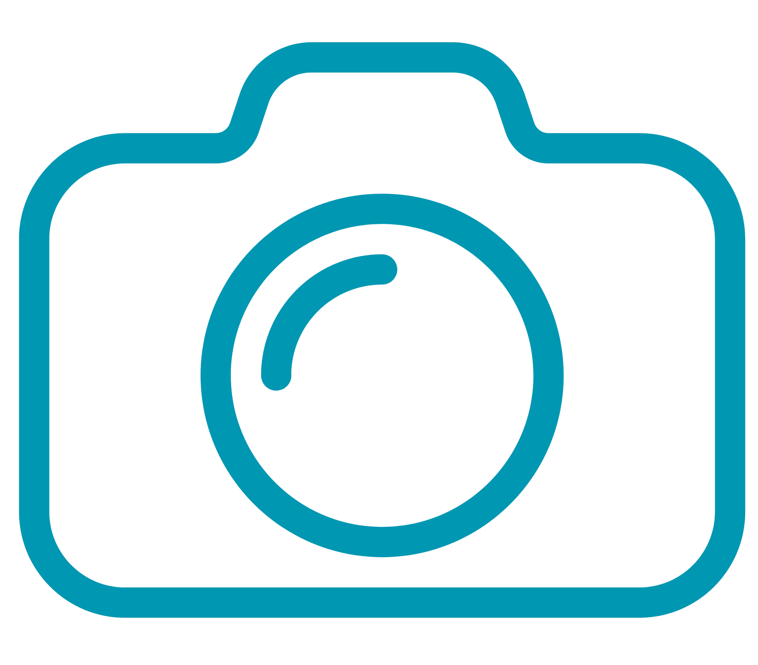 Illustration of a stylized camera with blue outline on a black background.