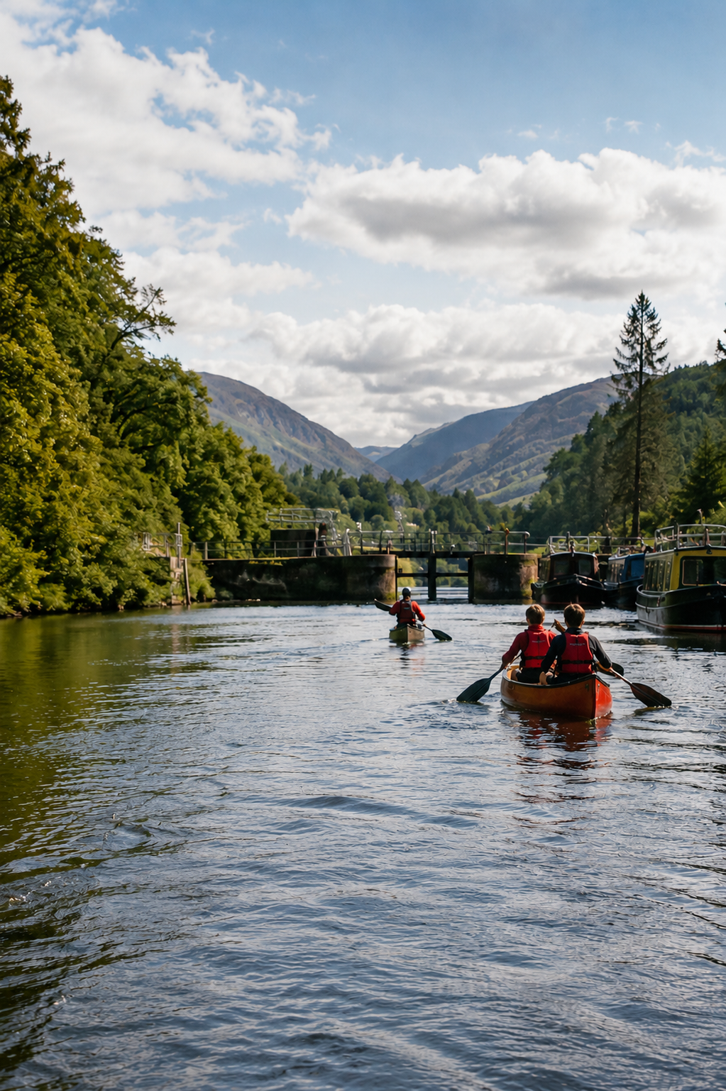 Two people in a red canoe paddling on a river surrounded by green trees and mountains, with two boats and a lock gate in the background under a partly cloudy sky.