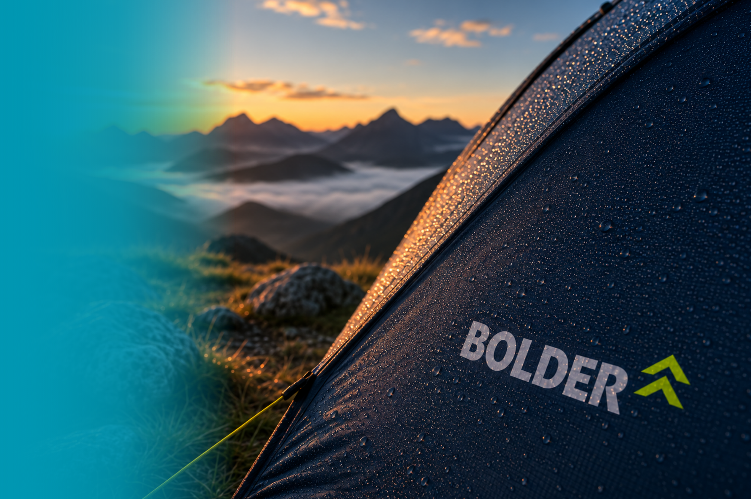 Close-up of a tent with water droplets, set against a mountain landscape at sunset or sunrise.