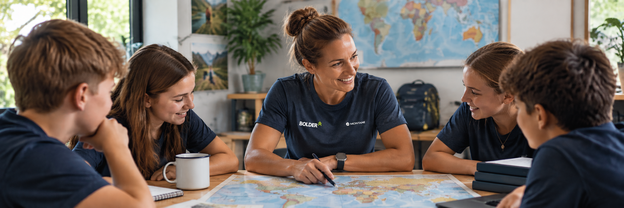 A group of five young people and a woman sitting around a table with a world map, smiling and talking, in a classroom or meeting room with a large world map on the wall.