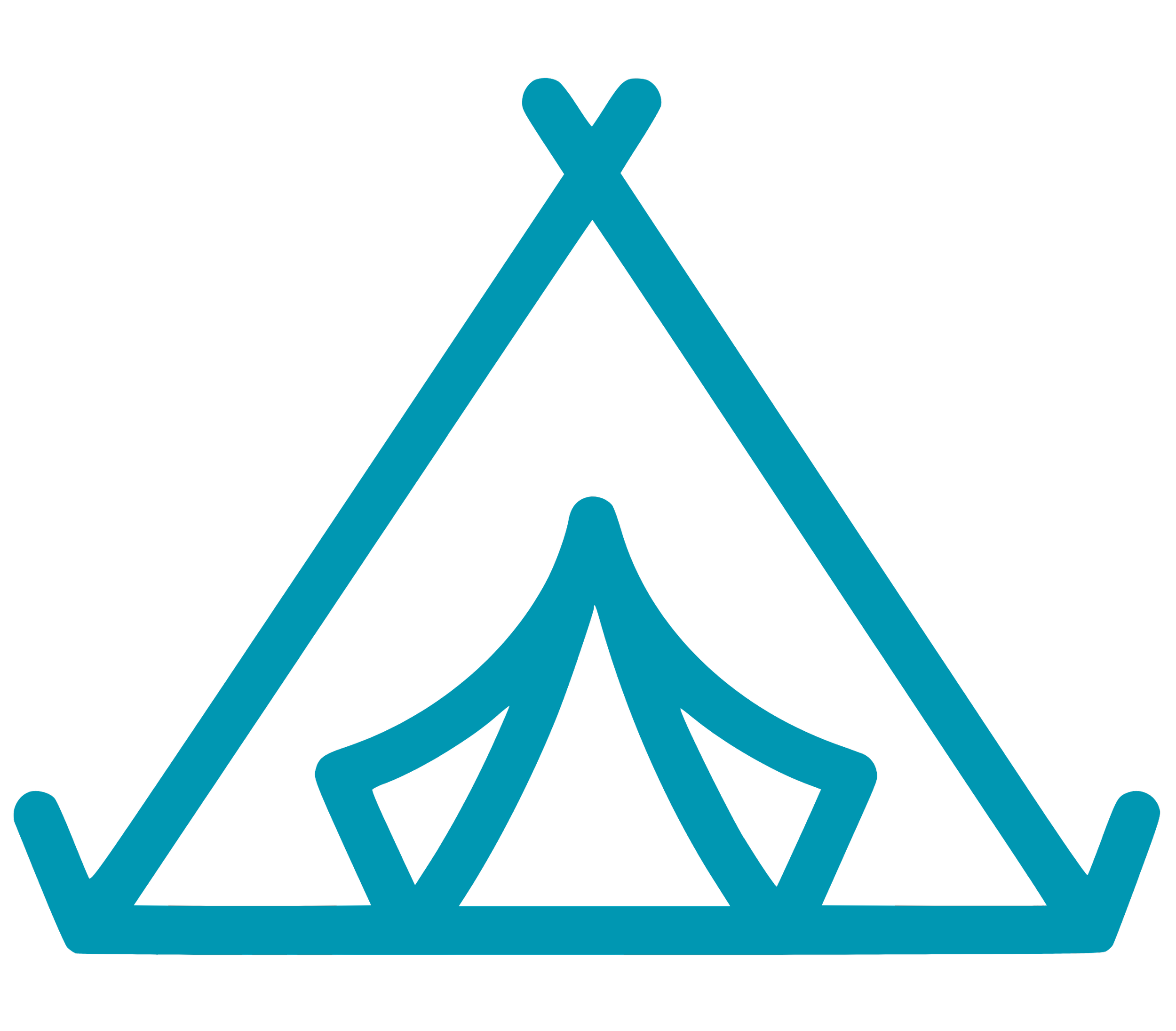 Line drawing of a tent in blue outline on a black background.