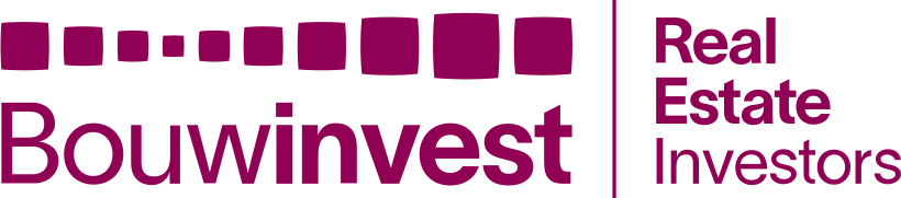 Logo van Bouwinvest Real Estate Investors, met paarse tekst en grafisch element.