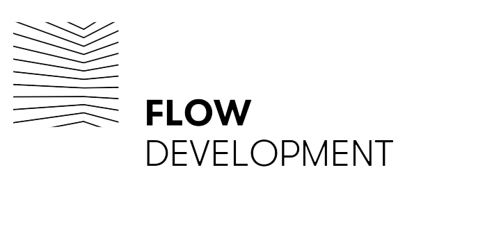 Een logo met gestileerde lijnen en de woorden 'Flow Development' ernaast.