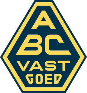Logo met een geel en donkerblauw ontwerp, met de tekst 'ABC VAST GOED' binnen een geometrische vorm.