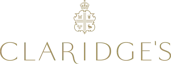 Logo of Claridge's hotel, featuring the name in elegant gold lettering on a black background.