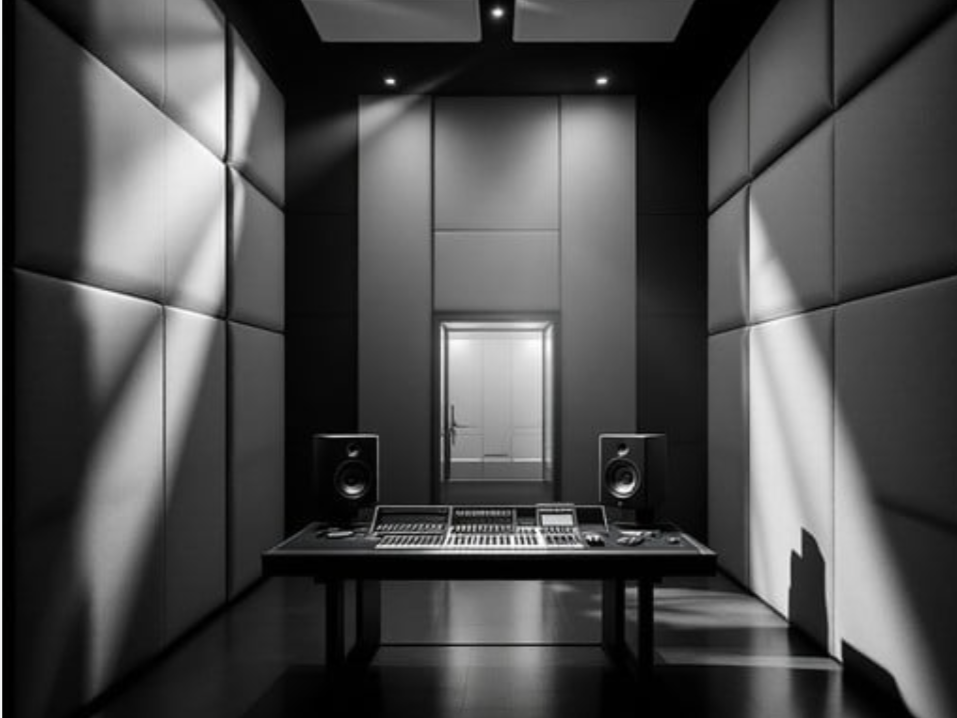 Sound recording studio with soundproof padded walls, mixing console, and two studio monitors.