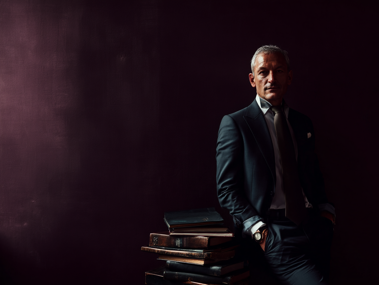 A man in a suit leaning against a stack of books on a table, in a dimly lit room.